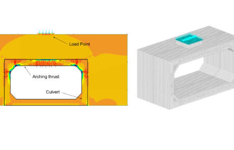 Stress countours and crack propagation from Nonlinear Finite Element model showing the Arching Action present in the deck slab of a box culvert. 3-Dimensional Nonlinear Finite Element model of a reinforced concrete box culvert used to replicate experimental conditions