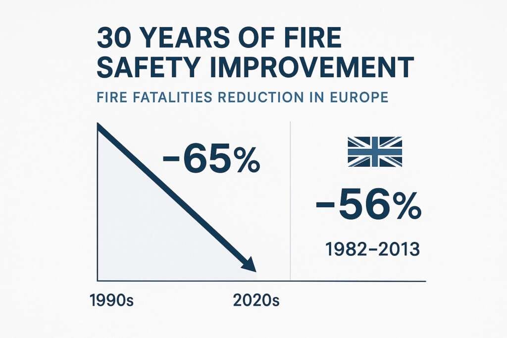 Europe has achieved a remarkable 65% reduction in fire fatalities over 30 years, with the UK leading with a 56% reduction from 1982 to 2013. Europe has achieved a remarkable 65% reduction in fire fatalities over 30 years, with the UK leading with a 56% reduction from 1982 to 2013.