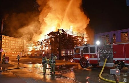 Construction sites face significant fire risks, particularly during timber frame assembly phases. Source: Firehouse Magazine Construction sites face significant fire risks, particularly during timber frame assembly phases. Source: Firehouse Magazine