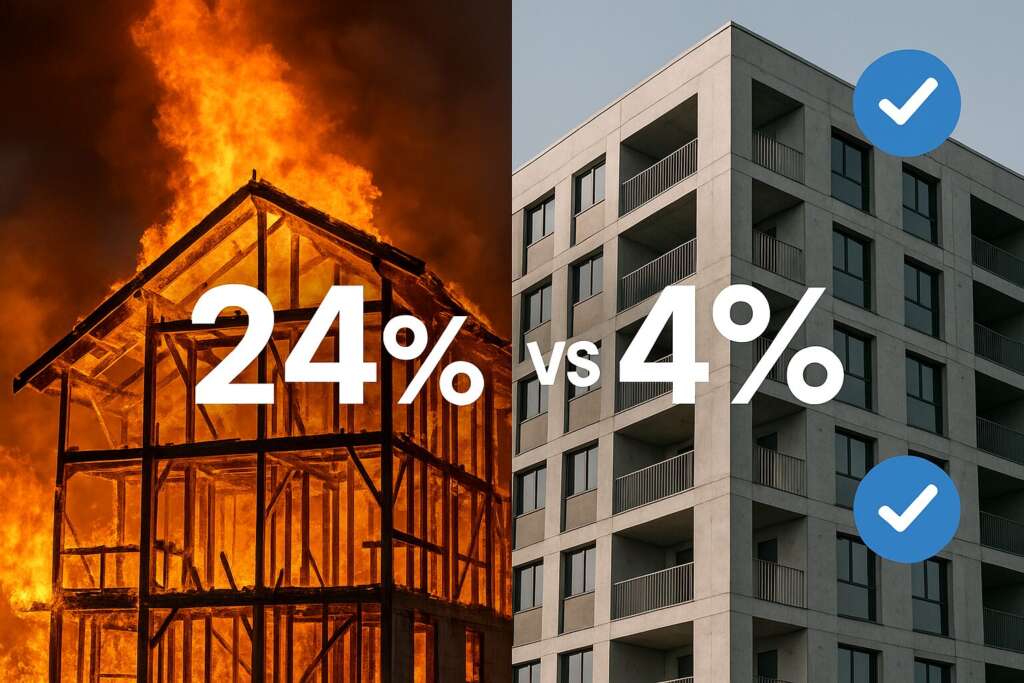 The stark reality: 24% of timber frame fires cause extensive damage over 100m² compared to only 4% of concrete construction fires The stark reality: 24% of timber frame fires cause extensive damage over 100m² compared to only 4% of concrete construction fires