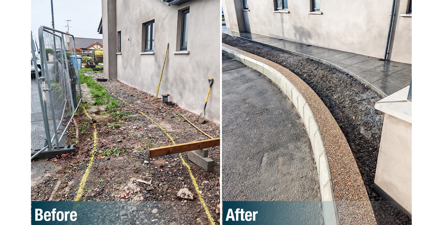 Before and After Photo of Stamped Concrete Walkway at Newbuild in Maghera, FP McCann