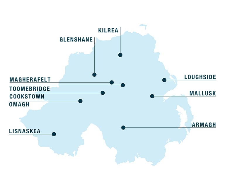 Map displaying FP McCann depot locations across Northern Ireland