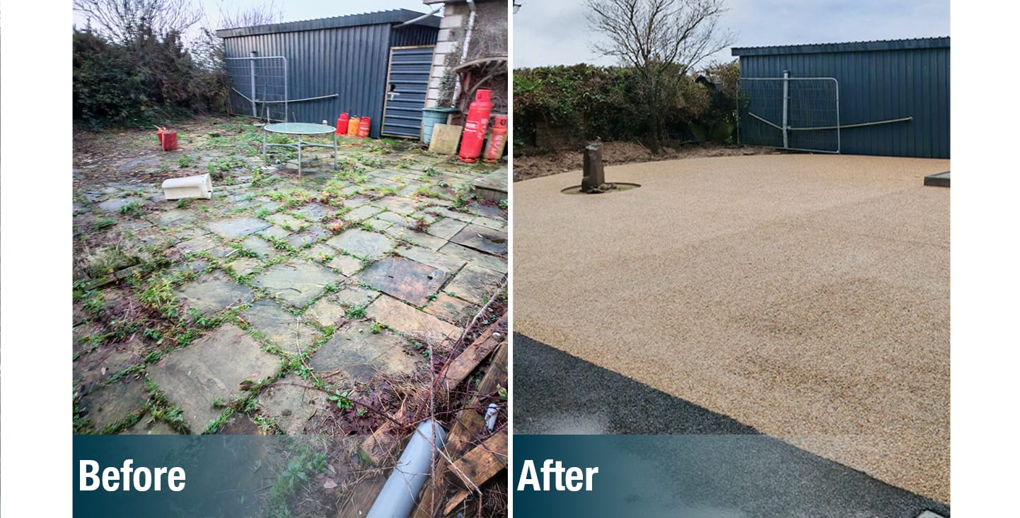 Residential garden renovation featuring exposed aggregate concrete and stamped ready mix patios