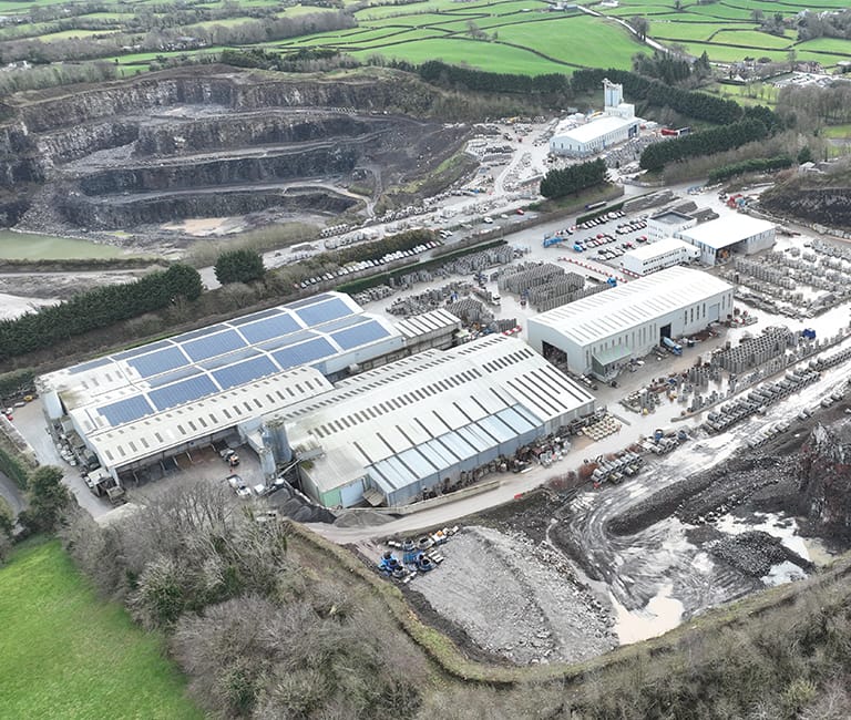 Aerial view of FP McCann's Knockloughrim Precast Factory, showing production facilities and material storage.