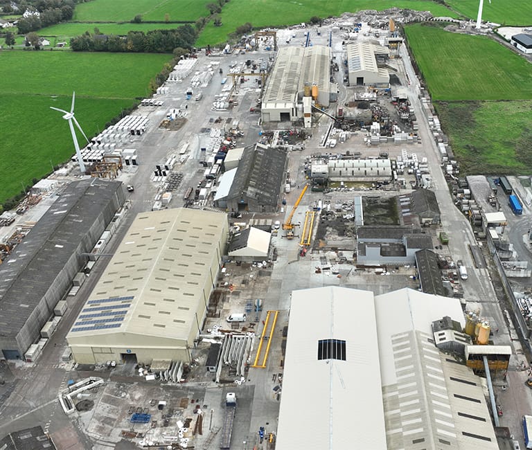 Aerial view of FP McCann’s Toomebridge Depot in County Antrim, a manufacturing facility for precast and architectural concrete products