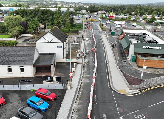 Public-realm-work-fp-mccann Aerial view showing progress on new footpaths and streetscape improvements in Strabane.