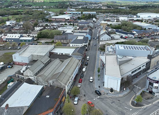 Strabane-library-footpath-fp-mccann Aerial view of public realm improvement works along Railway Street, Strabane