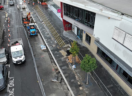 Strabane-library-footpath Construction works underway to improve pedestrian areas in Strabane town centre