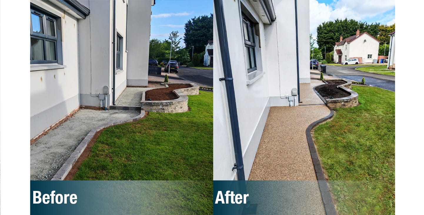 Decorative exposed aggregate concrete pathways enhancing the kerb appeal of a home in Castledawson.
