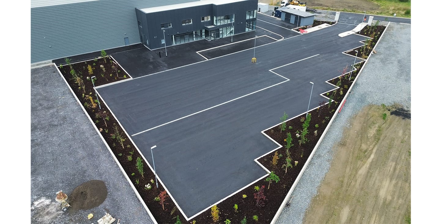 Aerial view of finished car park and external surfacing works at Breffni Air factory, County Cavan.
